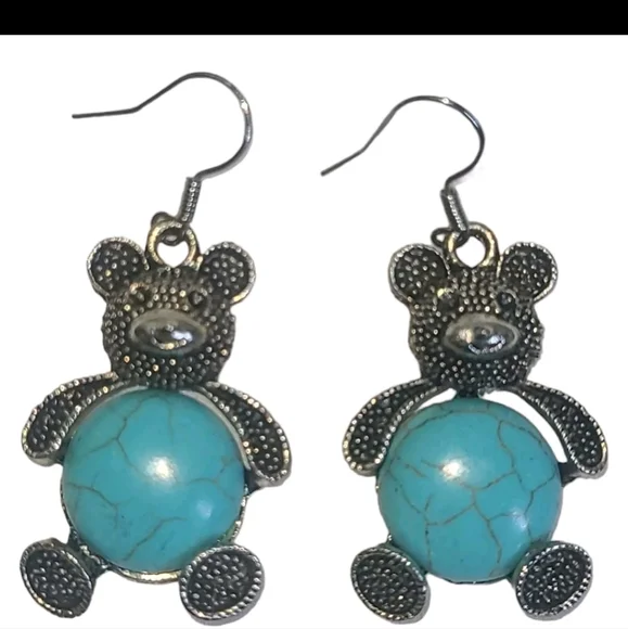 Turquoise & Silver Tone Teddy Bear Dangle Earrings - Picture 2 of 5